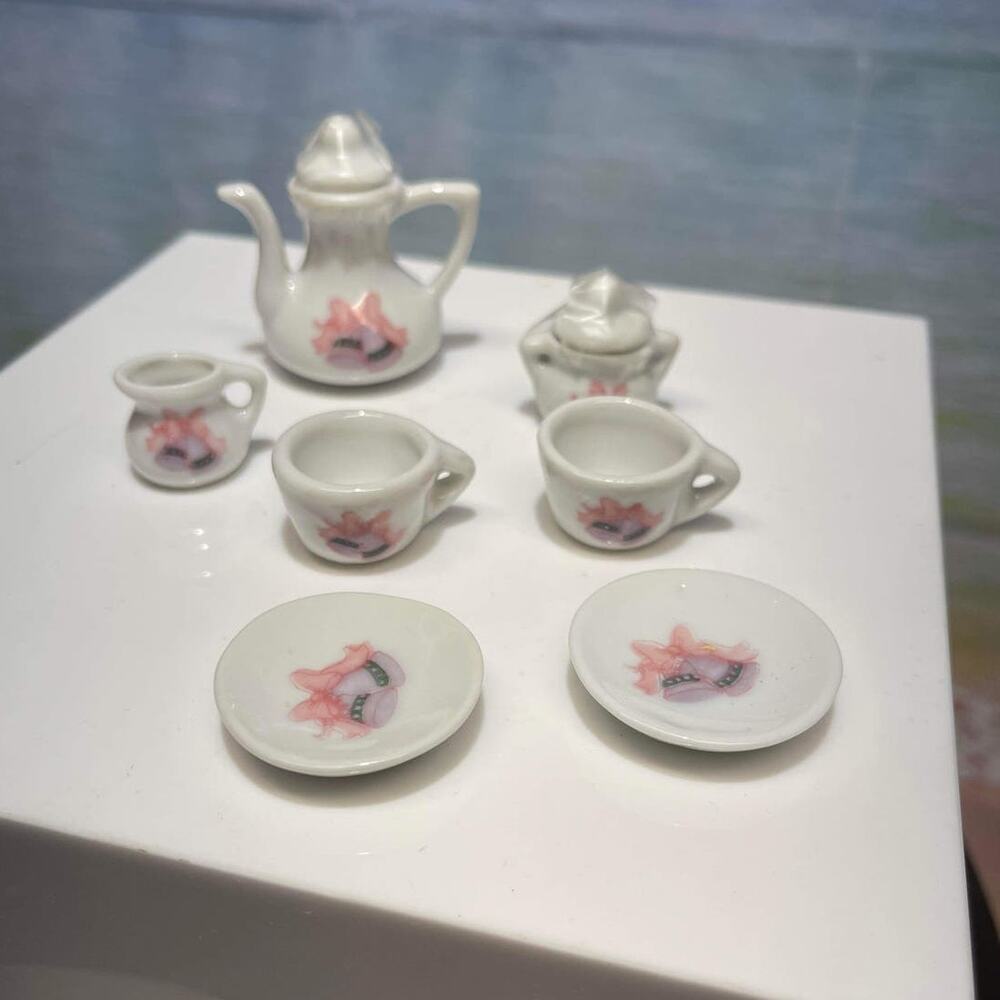 Vintage Miniature Porcelain Tea Set White Child Play set 7 pc set